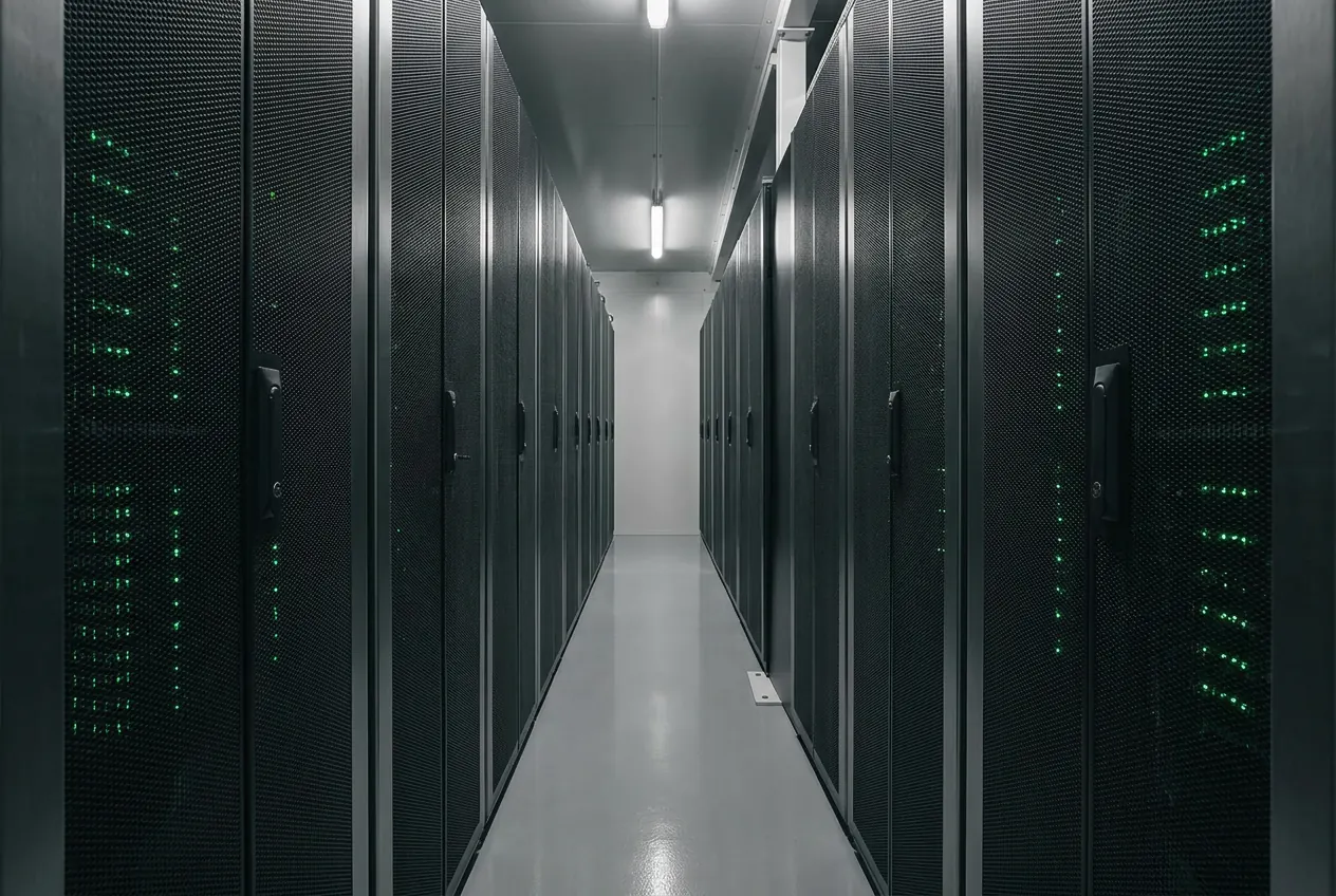 Cold aisle of cabinets inside the Cambridge Tier III data centre