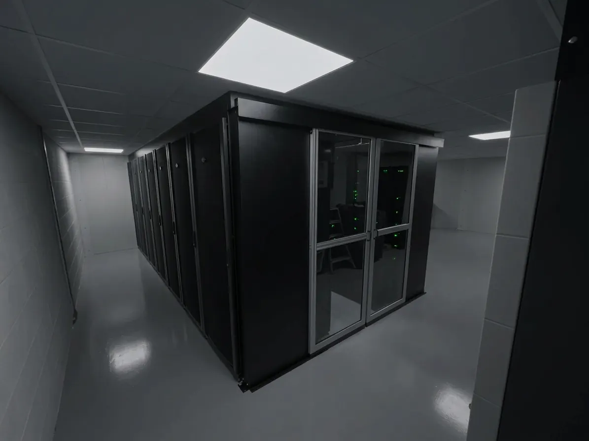 Rear view of APC server racks inside a hot-aisle containment pod at the Fast2host Cambridge data centre