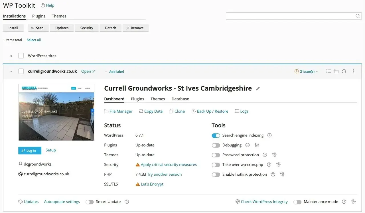 WordPress Toolkit management interface showing site overview, updates and security features
